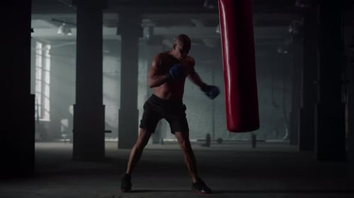Male Boxer Practicing Boxing Gloves In Sport Club. Multiracial Man Hitting Bag At Hard Strength W...