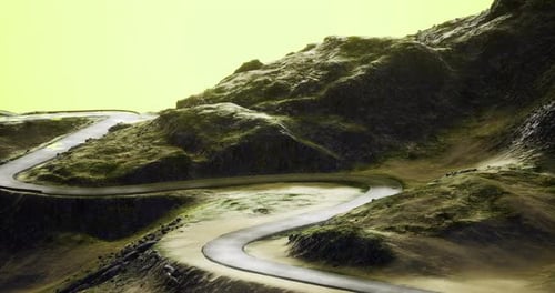 Winding Road Through Lush Hills Under a Surreal Yellow Sky in Natures Embrace