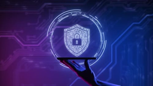 Security Hologram Virtual Hud Pin with Shield and Lock Concept of Finance Data Privacy and