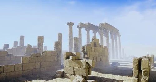 Ancient Ruins Stand Under a Blue Sky with Scattered Clouds at Midday