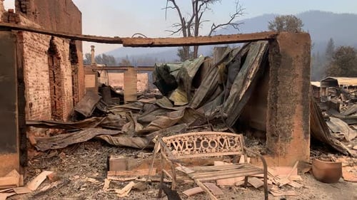 Welcome Bench and burned down town during wildfire