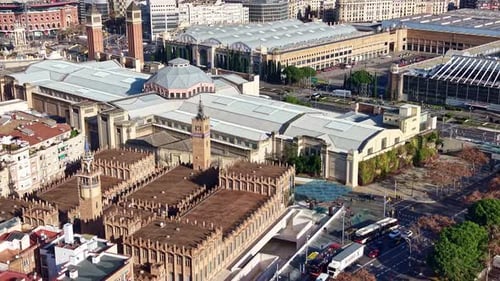 Aerial view of Plaza de España and Venetian Towers in Barcelona, Spain