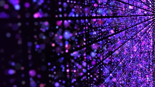 Vibrant futuristic background of glowing particles forming endless mirror tunnel in space.