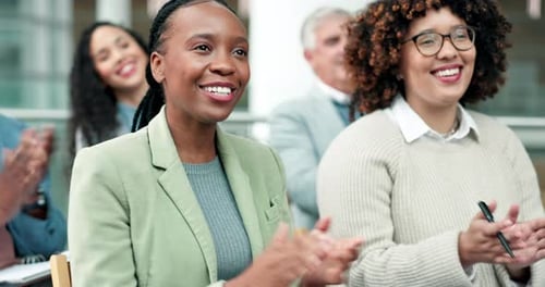 Clapping, audience and business people in meeting, workshop or presentation for team success