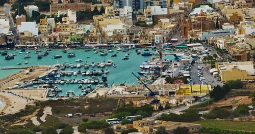 Aerial View of the Port of Marsaxlokk In Malta A Small Fishing Village with Traditional Colorful