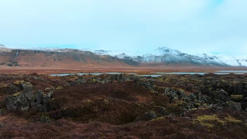 Lava field from an ancient volcanic eruption in Iceland - low flyover