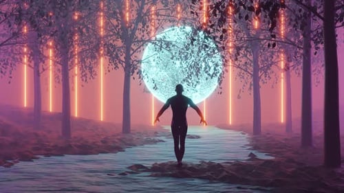 3D Rendering of Person Near River in Forest with Glowing Moon Sci Fi Scene