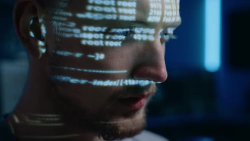 Portrait of Handsome Software Developer Working on Computer in Digital Identity Cyber Security Data