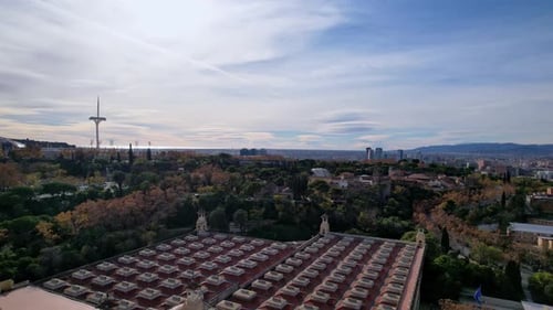 Panoramic aerial drone rooftop view near Nacional de Art de Catalunya, Montjuic Hill and Waterfalls