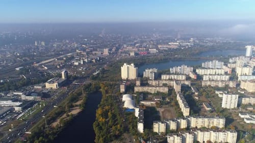 Aerial Birds Eye View of Kyiv City Urban Futuristic Skyline During Fog Skylines Under the Thick Fog