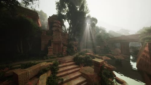 Old Temple Remains Reflected in Lush Jungle River Surroundings