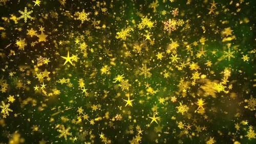 Golden Shimmering Snowflakes and Stars Christmas Background