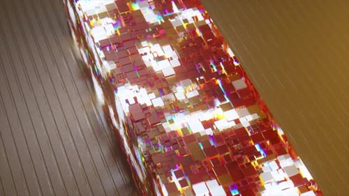 Colorful Abstract Block Structure with Reflective Surfaces and Varying Light Patterns Showcasing a
