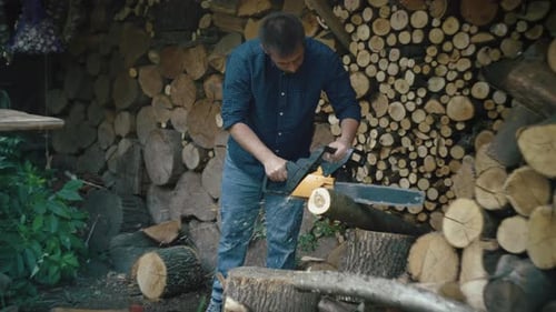 The Guy Works Collects Firewood By Cutting Logs with a Chainsaw