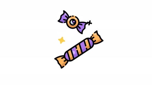 animation of Halloween two candies with orange and purple wrappers perfect for spooky treats.