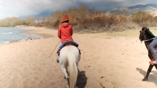 Rider Guides Tranquil Stroll Caucasian Rider Walks Peaceful Trail Leading Guest Through Serene