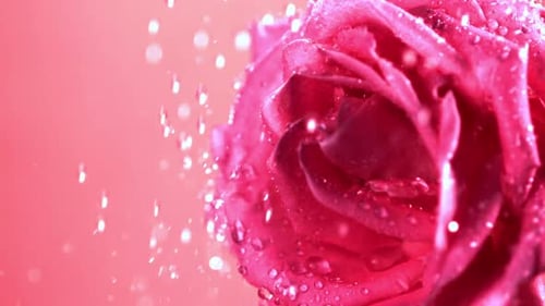 Super Slow Motion Droplets of Water Fall on a Freshly Cut Rose Flower Filmed on a Highspeed Camera