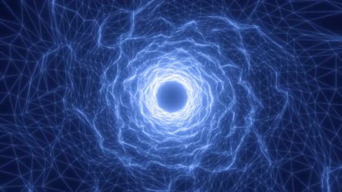 Glowing blue energy vortex with wireframe grid structure creating a tunnel effect