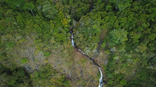Top down view of a narrow multi-tiered waterfall in forested terrain of Costa Rica