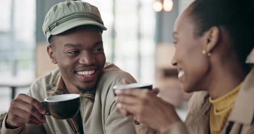 Couple, coffee shop and romance with communication for love at cafe, restaurant or diner for bond