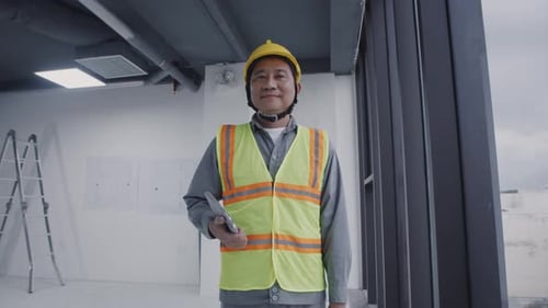 Smiling Construction Engineer Holding a Tablet Indoors