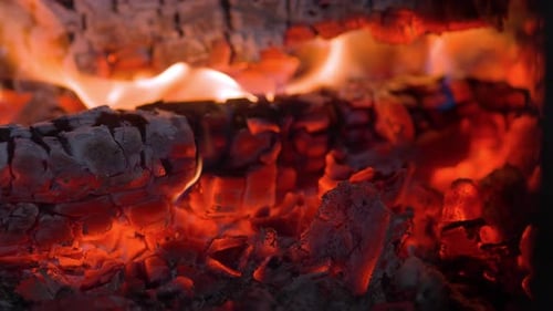 Burning Firewood and Embers with Orange Flames