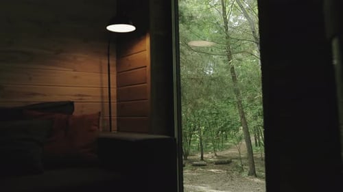 An Inviting and Cozy Cabin Interior That Provides a Wonderful View of a Peaceful Serene Forest