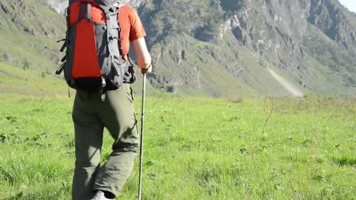 Hiking Man Walking on Green Mountain Meadow with Backpack