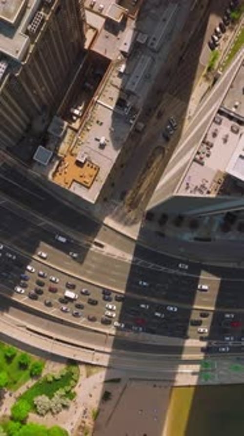 Busy traffic on speed highways near skyscrapers. Amazing Chicago city architecture on sunny day.