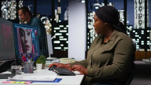 Woman Editor Works on Professional AI Generated Content for Photography Editing