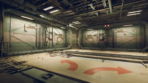 Empty Industrial Hallway with Directional Arrows and Textured Walls