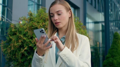 Shocked Excited Caucasian Business Woman Reading Good News Mobile Phone Outside City Happy Female
