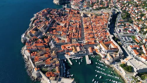 Aerial drone view of the Old historic city of Dubrovnik in Croatia, UNESCO World Heritage site.