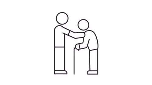 Animated young man caring of grandfather line icon