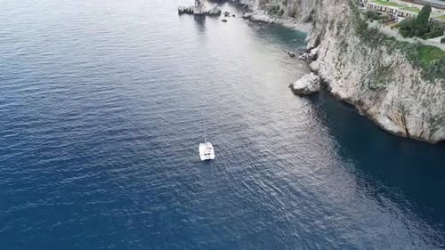 Boat Near Taormina, Sicily In Italy - Drone Shot