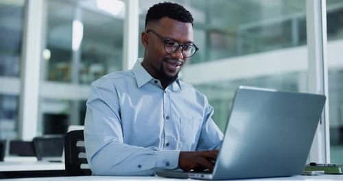 Black man, laptop and accountant with documents for finance, company budget or expenses in office
