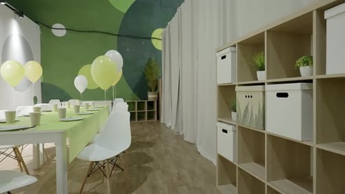 A Modern Workspace Featuring Green Accents Organized Shelving and Stylish Decor Elements Creative