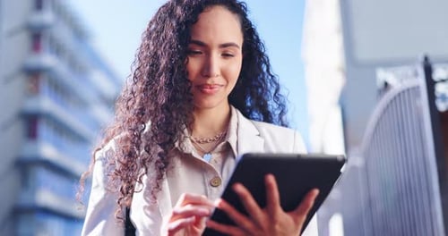 Business, woman and thinking on tablet in city for planning data, reading news report