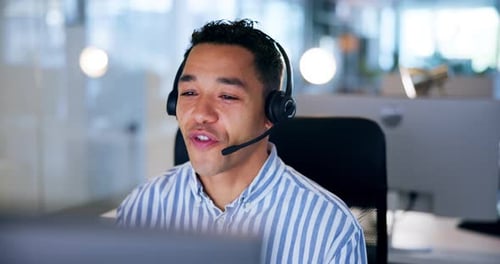 Customer service, headset and man advisor in office for online crm with outbound consultation