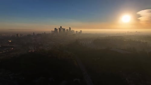 Aerial view of Los Angeles skyline at sunset, United States.
