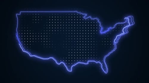 Neon Glowing United States Map Outline Animation with Digital Dots