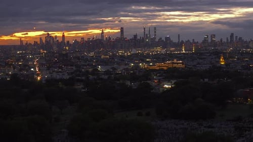 Aerial view of the New York City skyline at sunset
