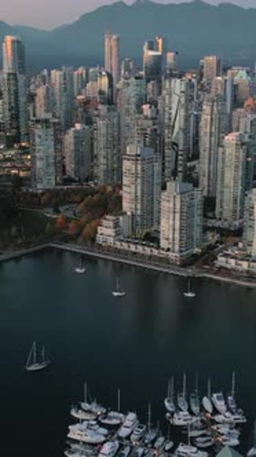 Aerial View of the Skyscrapers in Downtown of Vancouver at Sunset Canada