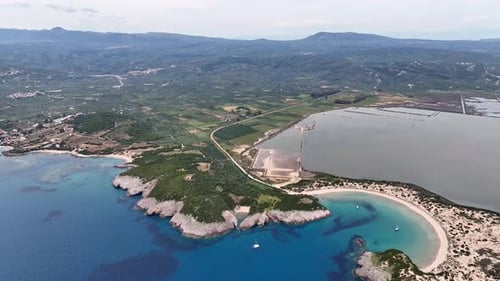 Aerial view of Voidokilia beach in Messinia, Greece