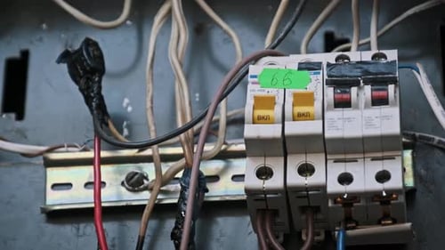 Closeup Electrical Wiring with Breakers and Damaged Insulation