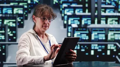 Woman Using Tablet in Futuristic Control Room