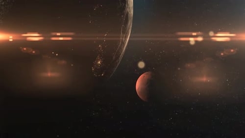 Animation of Earth and Moon orbiting in a full circle with the moving space background.