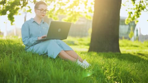 Busy Attractive Woman Working at the Laptop As Sitting on Grass in City Park