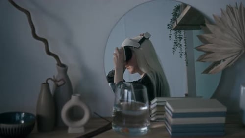 Person Using VR Headset in Domestic Setting