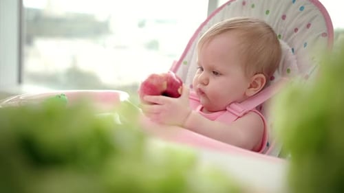 Adorable Infant Eating a Juicy Red Apple